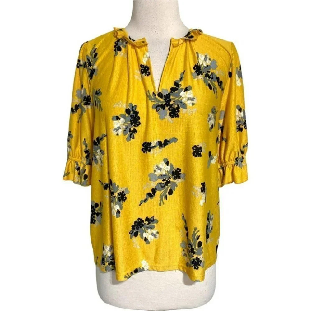 Melloday S yellow Floral split neck ruffle neck + sleeve blouse